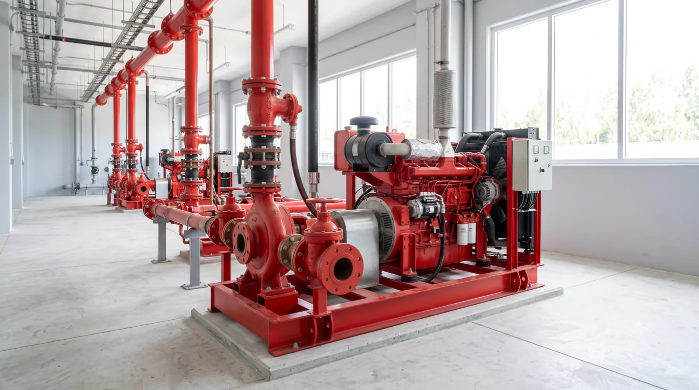 Fire pump and engine skid installed in a pump room