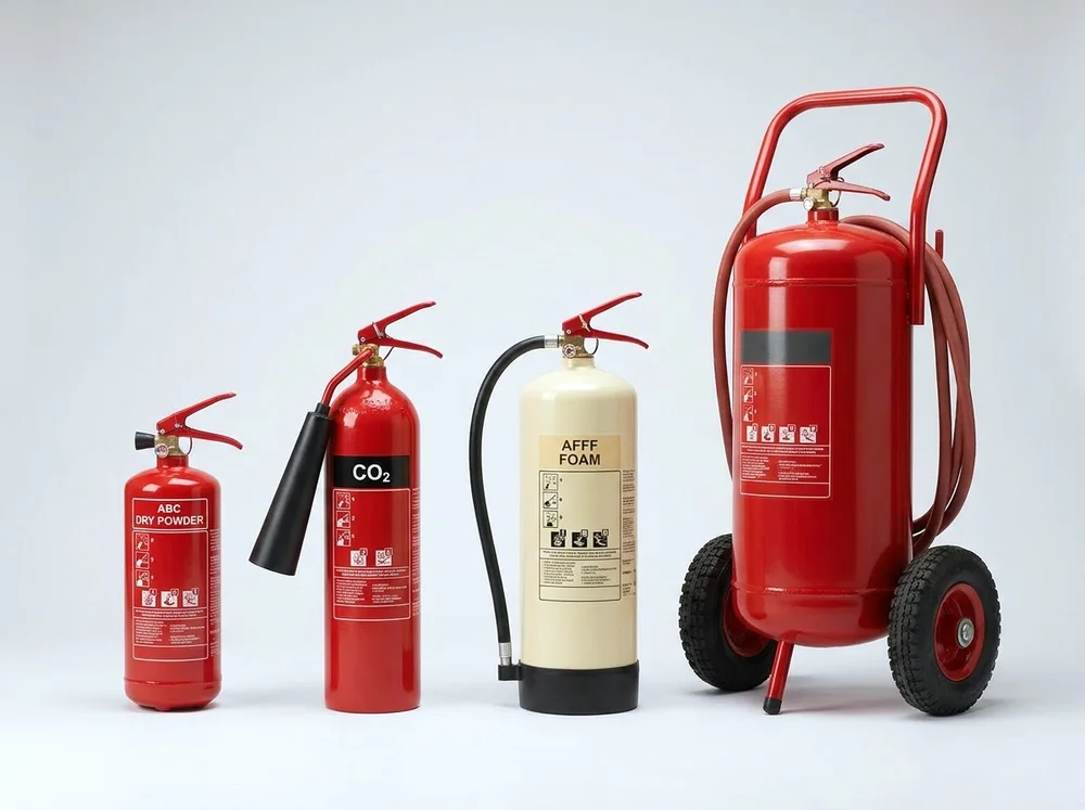 Three red fire extinguishers of different sizes