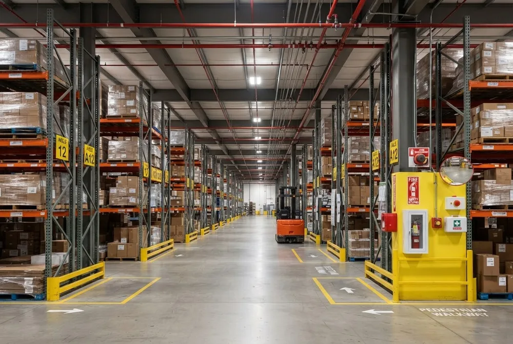 Racked warehouse aisle with overhead sprinkler pipework