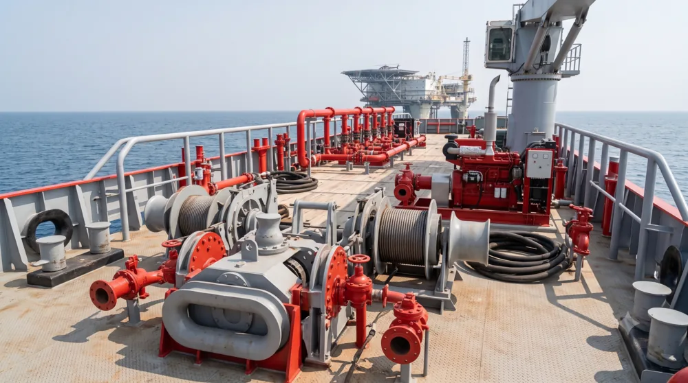 Offshore vessel deck with firefighting equipment