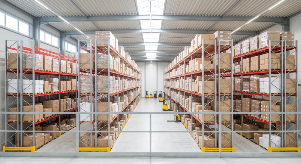 Warehouse interior with high steel racking